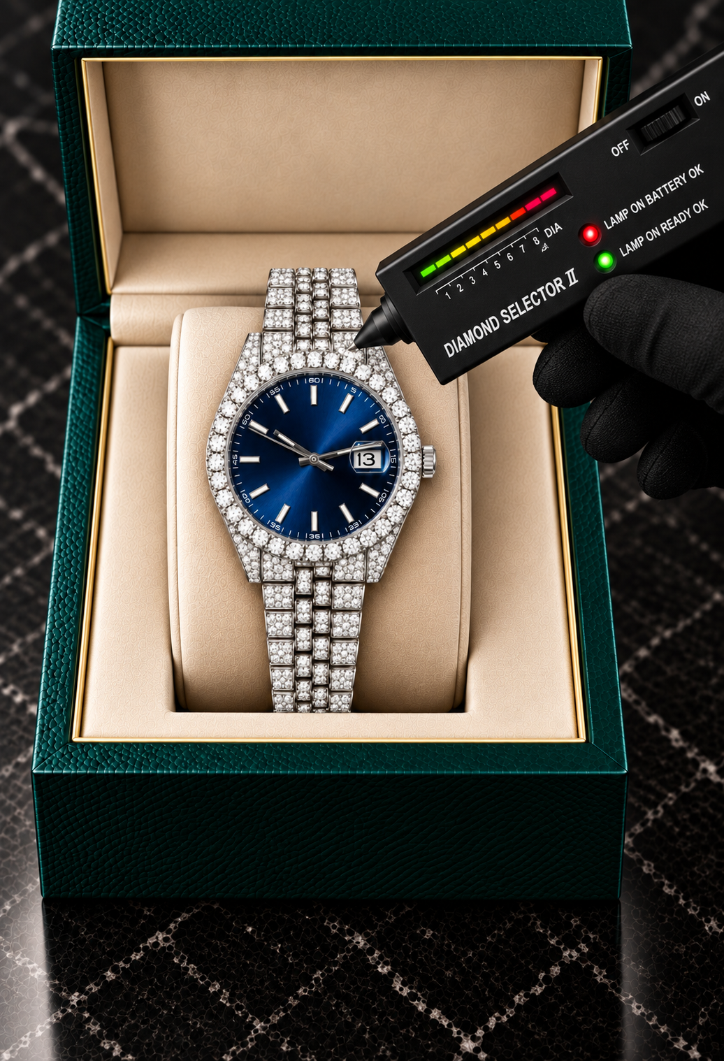Royal Blue Dial Fully Iced-Out Moissanite Watch – Silver Finish