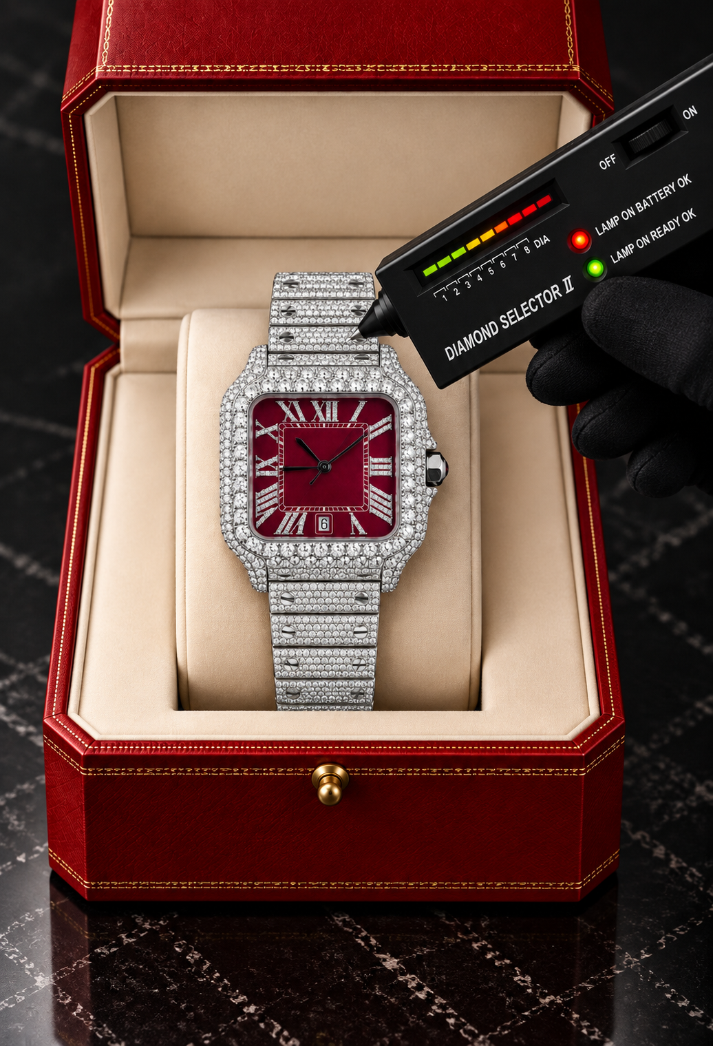 41MM Red Dial Full Moissanite Diamond Square Watch – Silver Iced-Out Edition