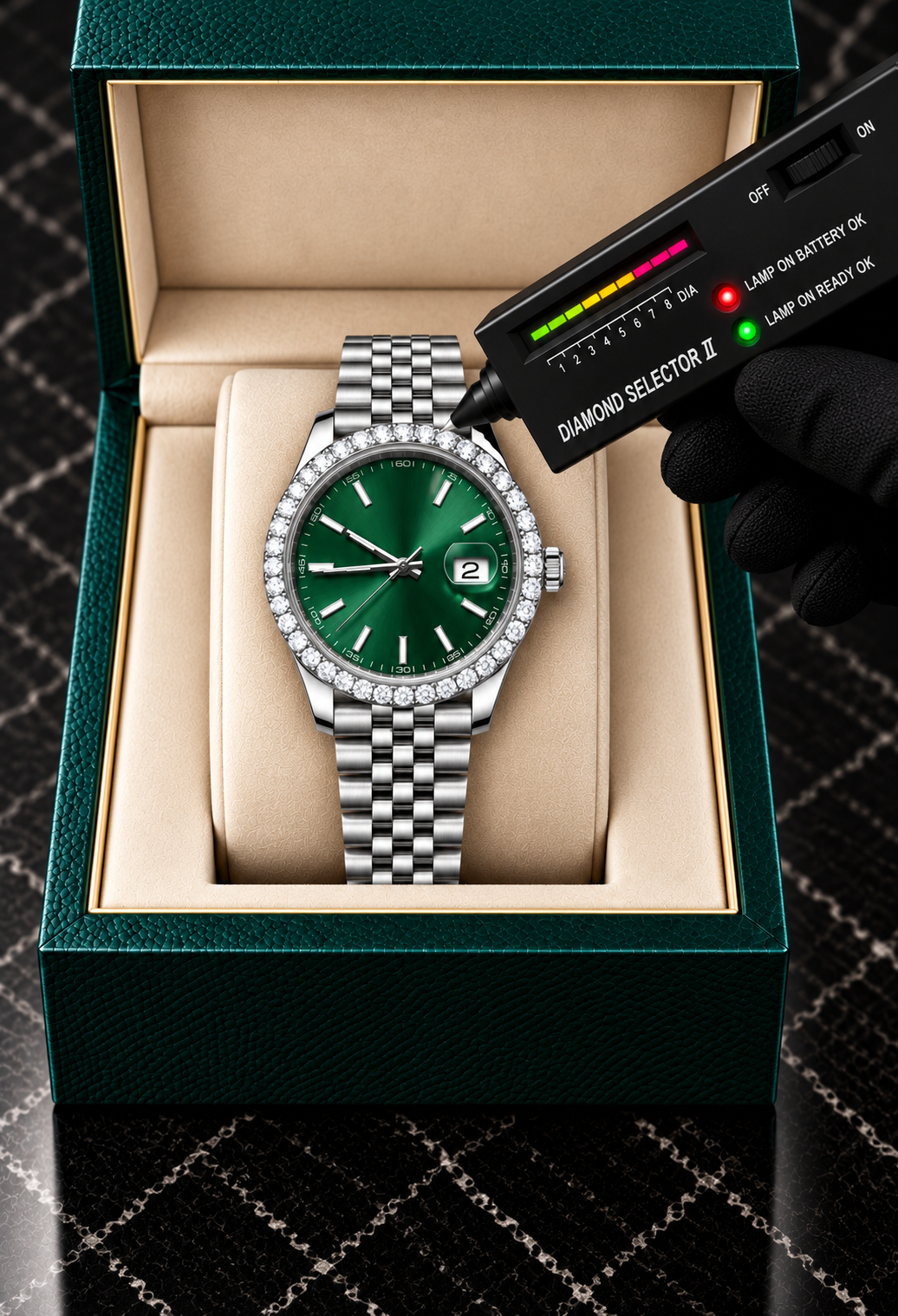 41MM Green Dial Moissanite Bezel Watch – Silver Stainless Steel