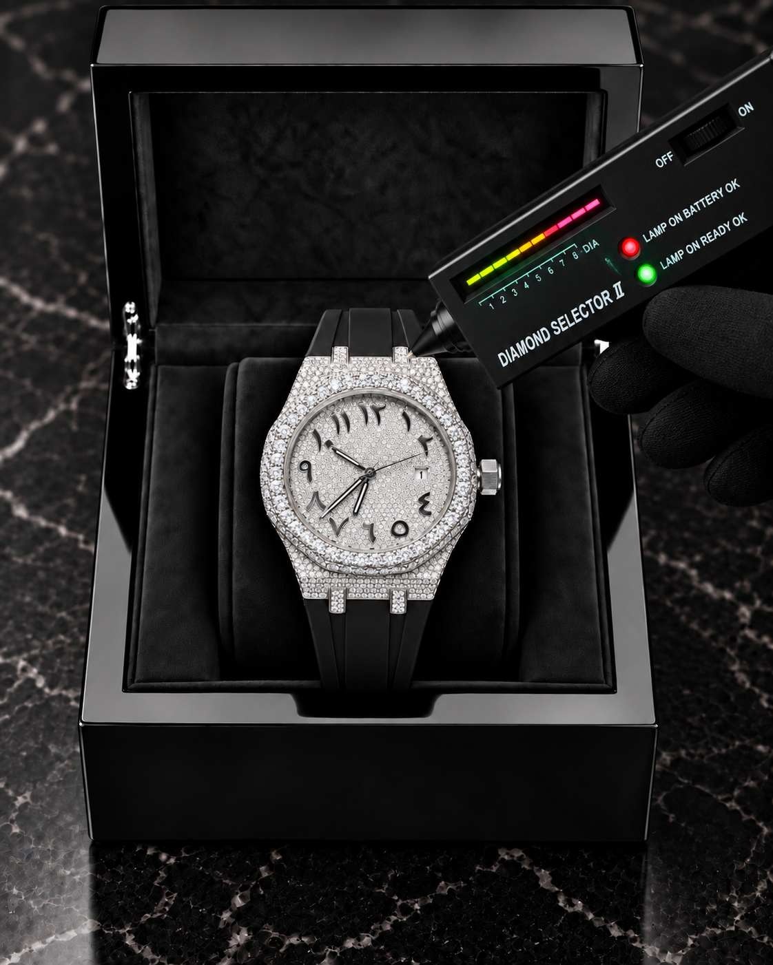 41MM Moissanite Arabic Dial Watch – Black Rubber Strap | Full Iced-Out