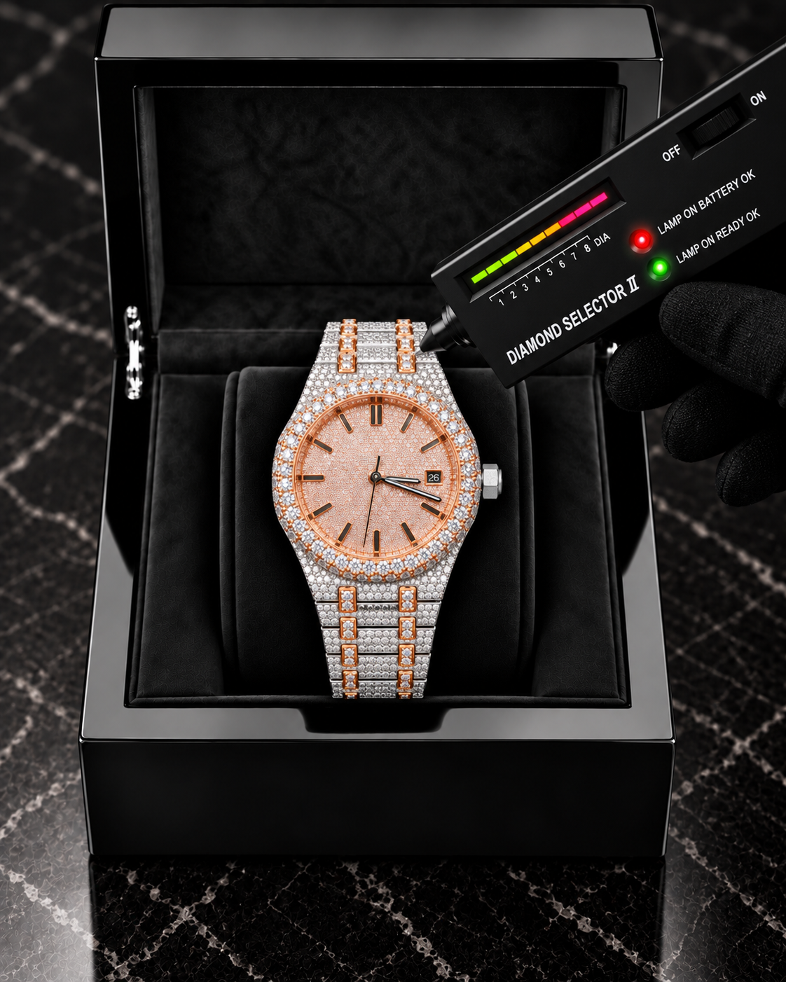 41MM Rose Gold & Silver Moissanite Watch – Full Iced-Out Edition