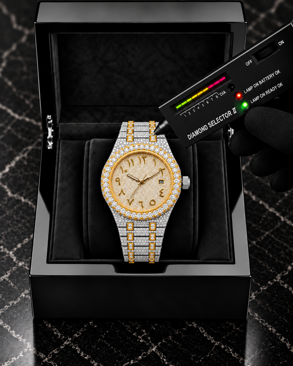 41MM Two-Tone Moissanite Arabic Dial Watch – Full Iced-Out Edition