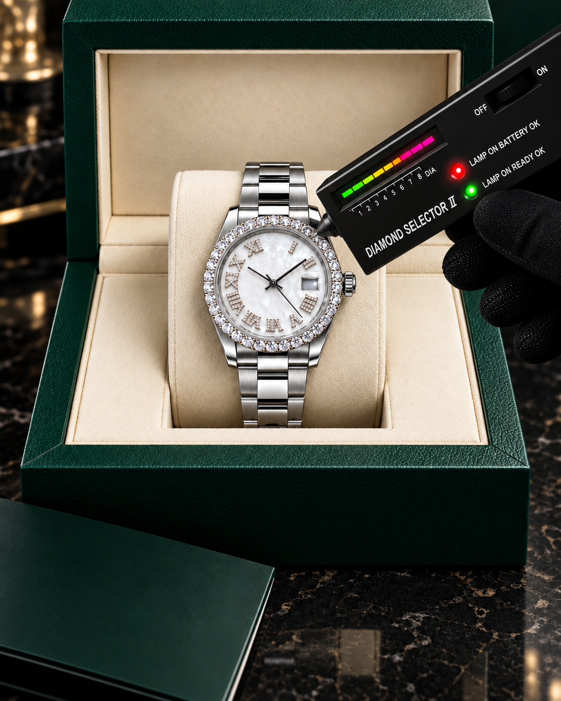 41MM Moissanite Bezel Watch – Mother of Pearl Dial & Silver Bracelet