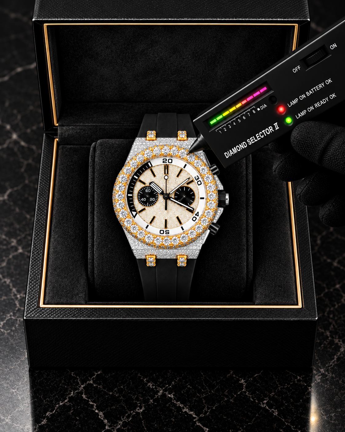 41MM Two-Tone Iced-Out Moissanite Chronograph Watch – Black Rubber Strap
