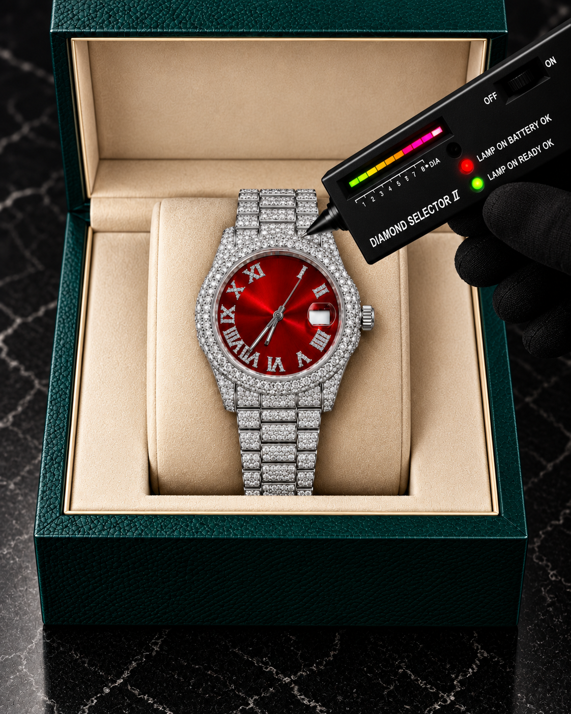 41MM Red Dial Full Iced-Out Moissanite Watch – Silver Tone