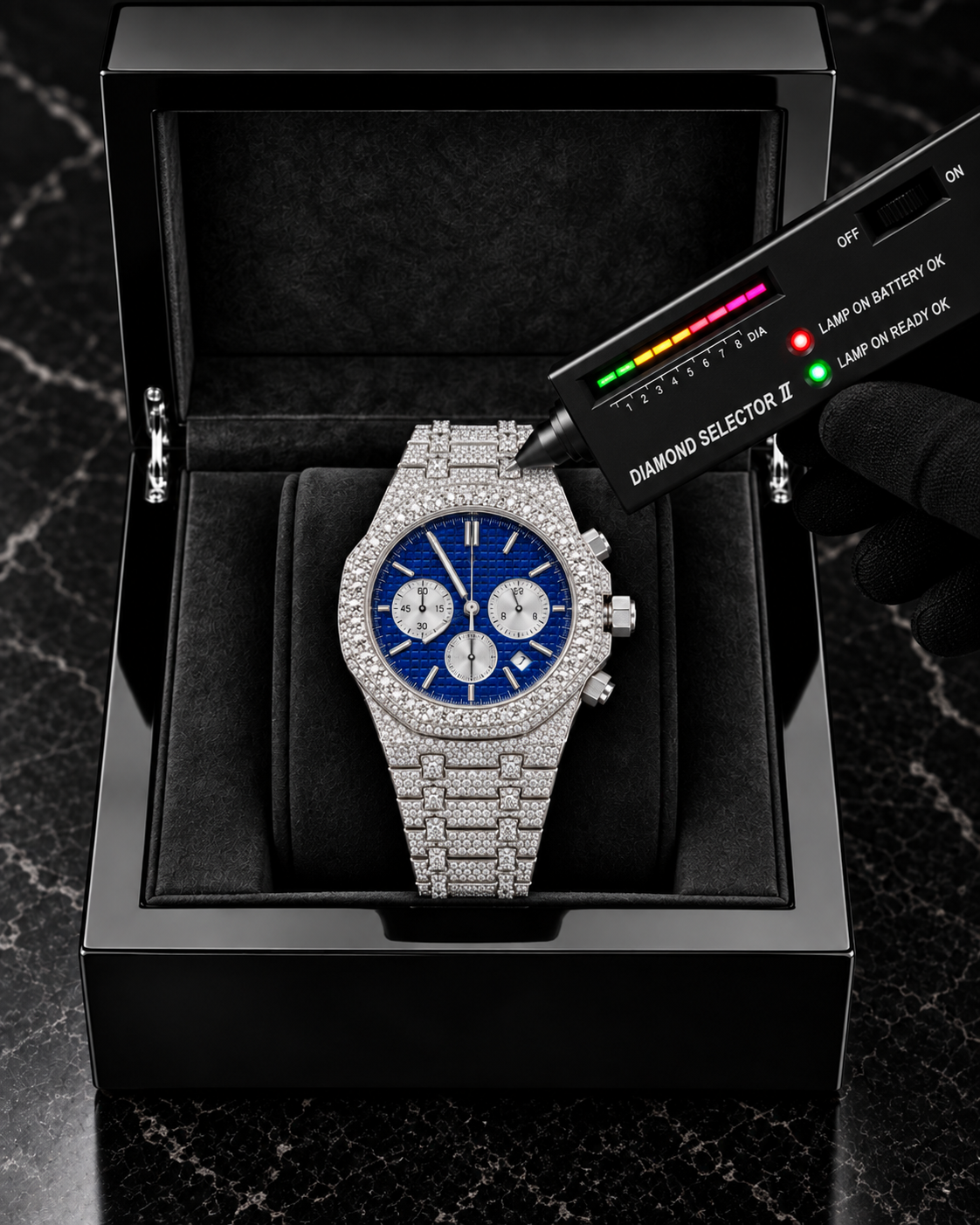 41MM Full Iced-Out Moissanite Chronograph Watch – Royal Blue Dial