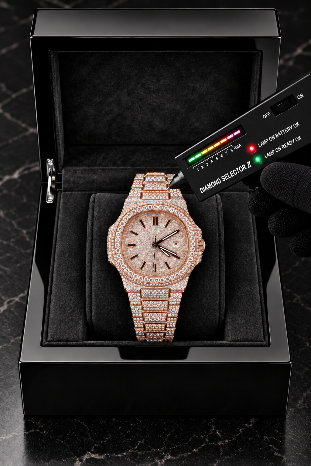 41MM Rose Gold Full Iced-Out Moissanite Watch – Pave Dial & Bracelet
