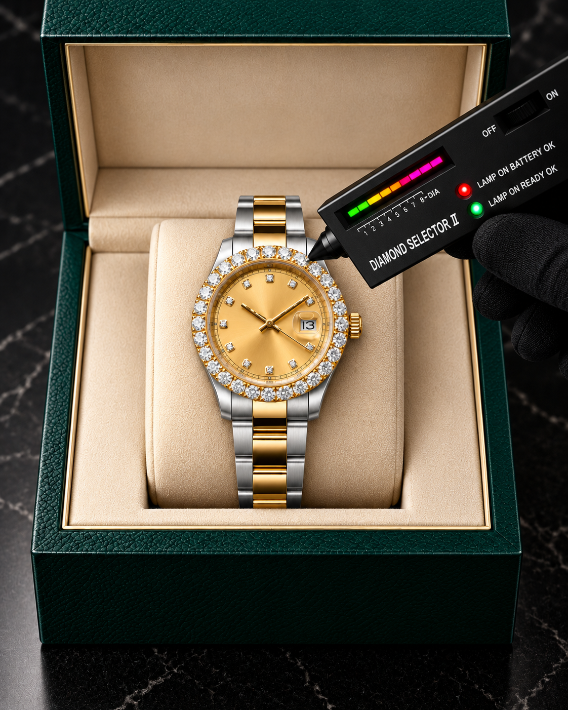 Two-Tone Moissanite Bezel Watch – Gold Dial & Diamond Hour Markers