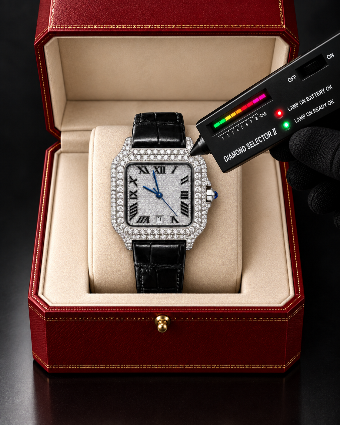41MM Iced-Out Moissanite Watch with Black Leather Strap – VVS Moissanite