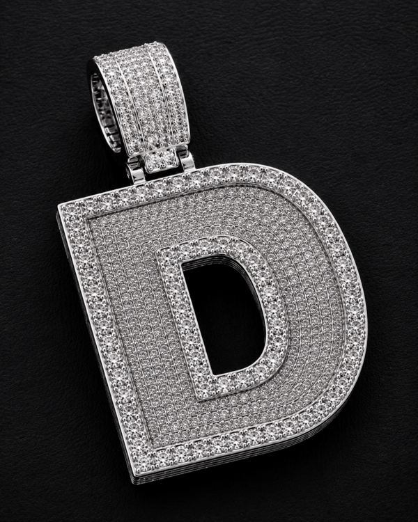 Custom Initial Pendant in 925 Sterling Silver with VVS Moissanite – Iced-Out Personalized D Letter Pendant