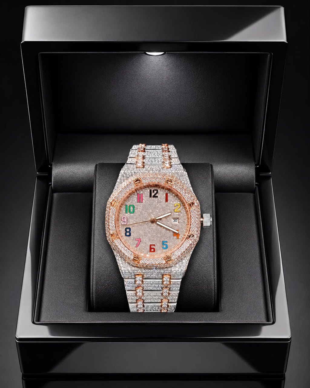 Two-Tone Rainbow VVS Moissanite Iced-Out Watch | Rose Gold & Silver Edition