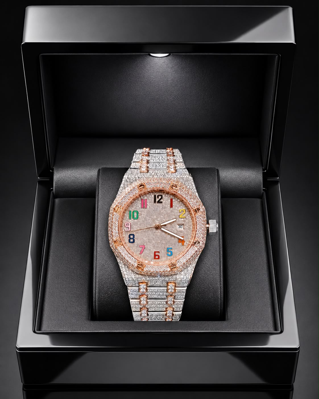 Two-Tone Rainbow VVS Moissanite Iced-Out Watch | Rose Gold & Silver Edition