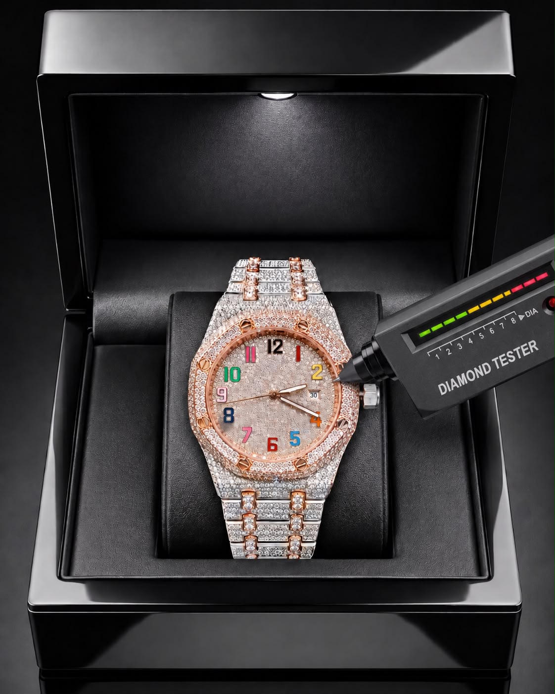 Two-Tone Rainbow VVS Moissanite Iced-Out Watch | Rose Gold & Silver Edition