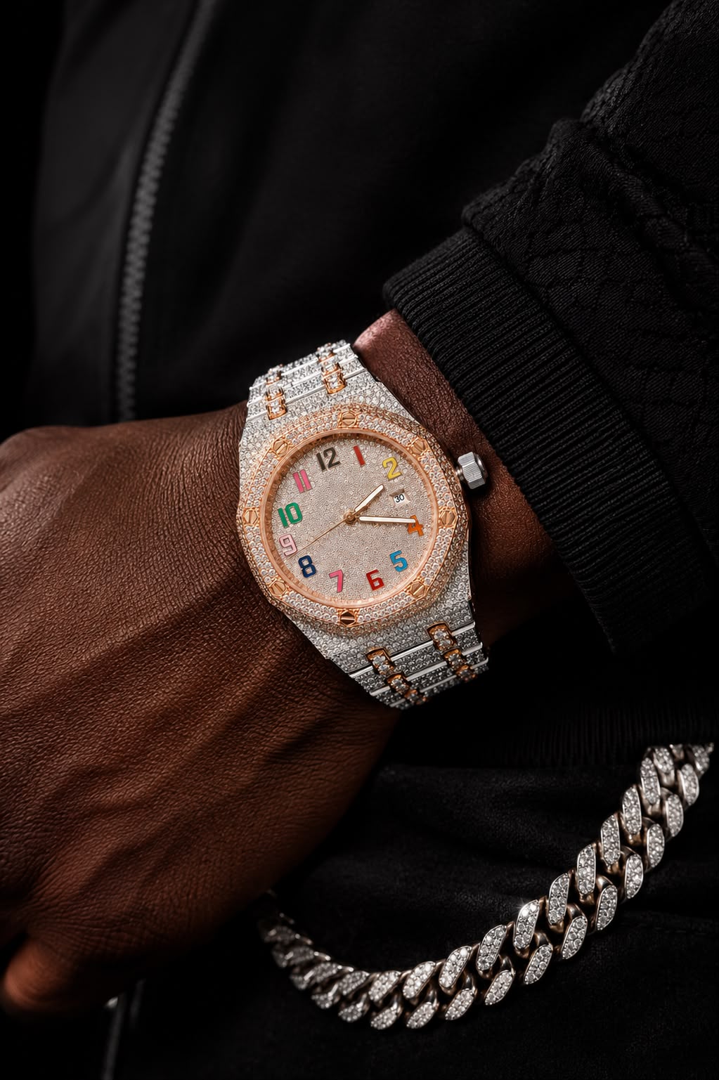 Two-Tone Rainbow VVS Moissanite Iced-Out Watch | Rose Gold & Silver Edition