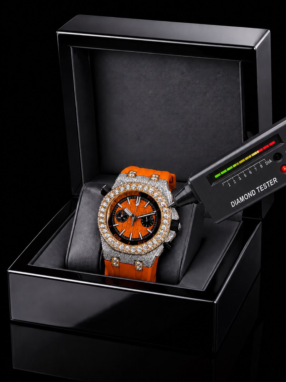 Orange VVS Moissanite Iced-Out Chronograph Watch | Rubber Strap