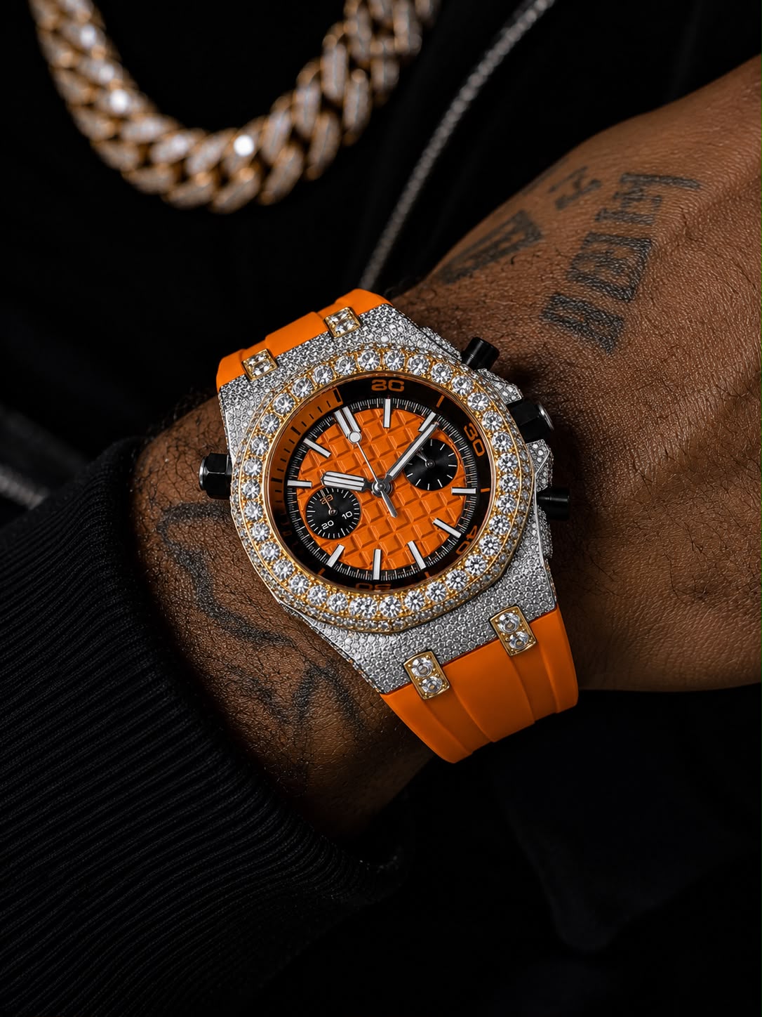 Orange VVS Moissanite Iced-Out Chronograph Watch | Rubber Strap