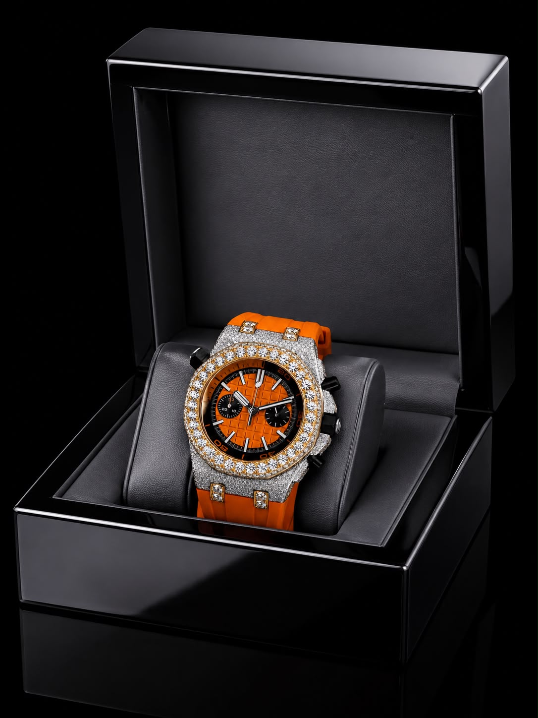 Orange VVS Moissanite Iced-Out Chronograph Watch | Rubber Strap