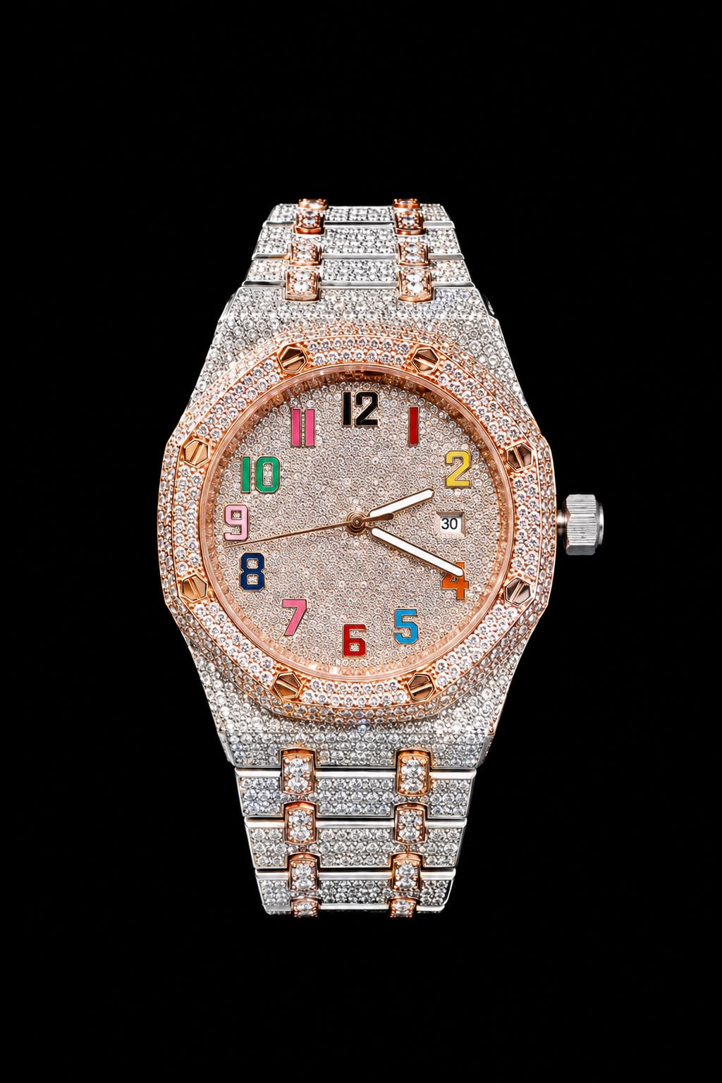 Two-Tone Rainbow VVS Moissanite Iced-Out Watch | Rose Gold & Silver Edition