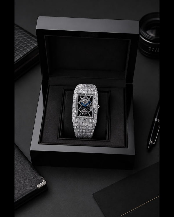 Luxury Full Baguette Skeleton Diamond Watch | White Gold Finish