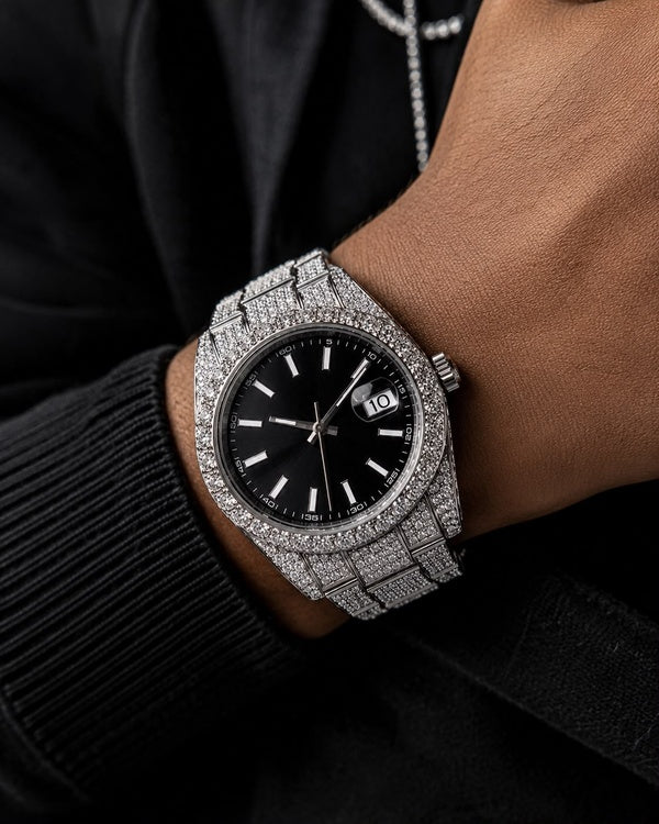 Black Dial VVS Moissanite Iced-Out Luxury Watch | Silver-Tone Edition