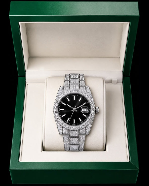 Black Dial VVS Moissanite Iced-Out Luxury Watch | Silver-Tone Edition