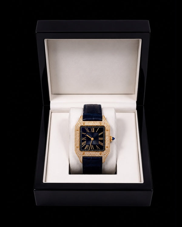 Iced-Out Blue & Gold Square Diamond Watch