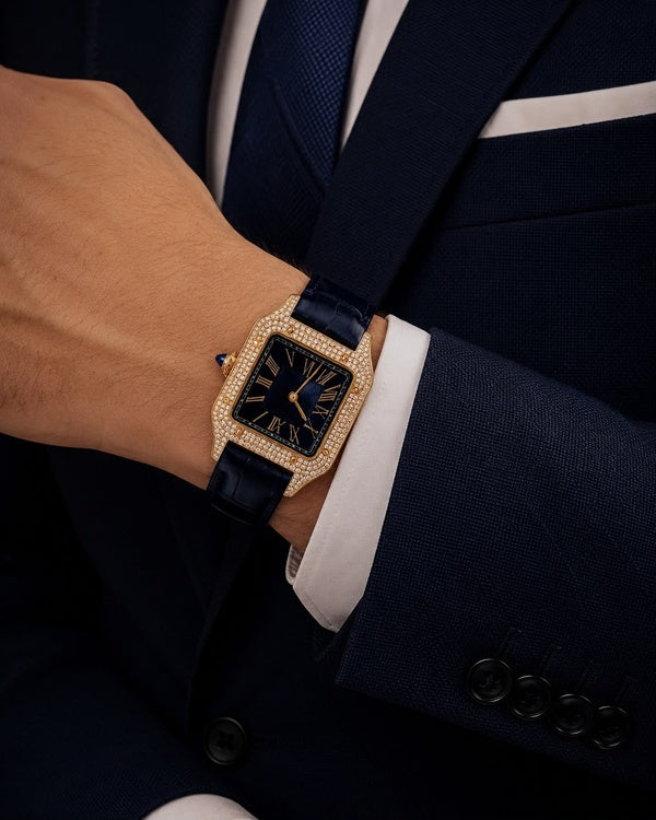 Iced-Out Blue & Gold Square Diamond Watch