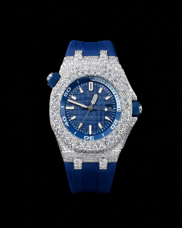 Blue Ice VVS Moissanite Luxury Watch | Iced-Out Case & Rubber Strap