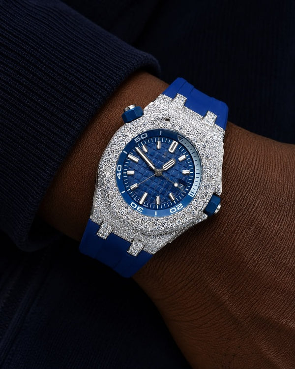 Blue Ice VVS Moissanite Luxury Watch | Iced-Out Case & Rubber Strap