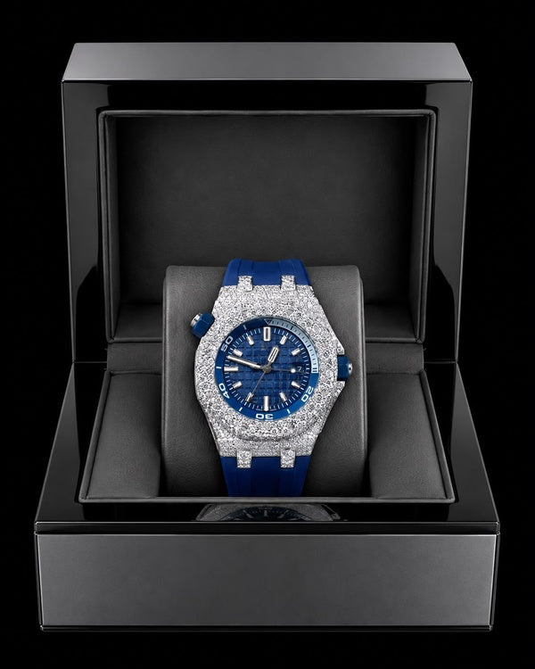 Blue Ice VVS Moissanite Luxury Watch | Iced-Out Case & Rubber Strap