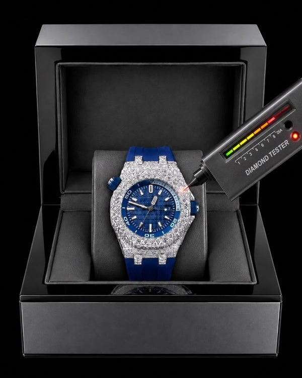 Blue Ice VVS Moissanite Luxury Watch | Iced-Out Case & Rubber Strap