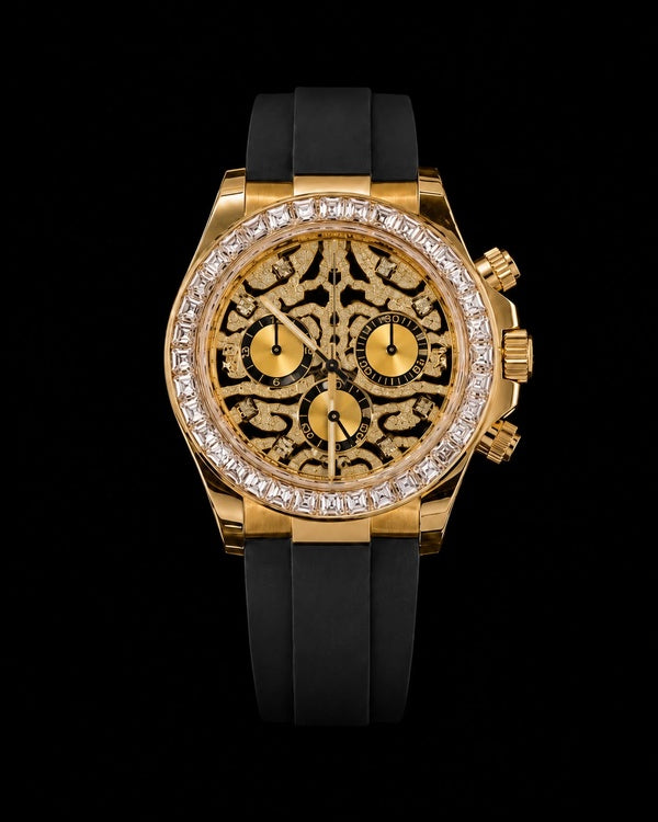 Gold & Black Skeleton Chronograph Watch | Iced Baguette Bezel