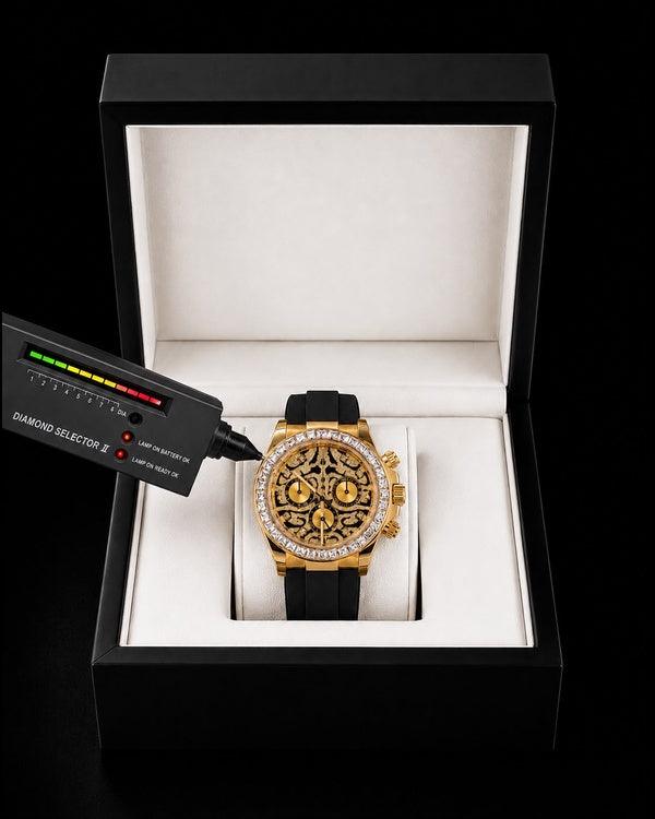 Gold & Black Skeleton Chronograph Watch | Iced Baguette Bezel