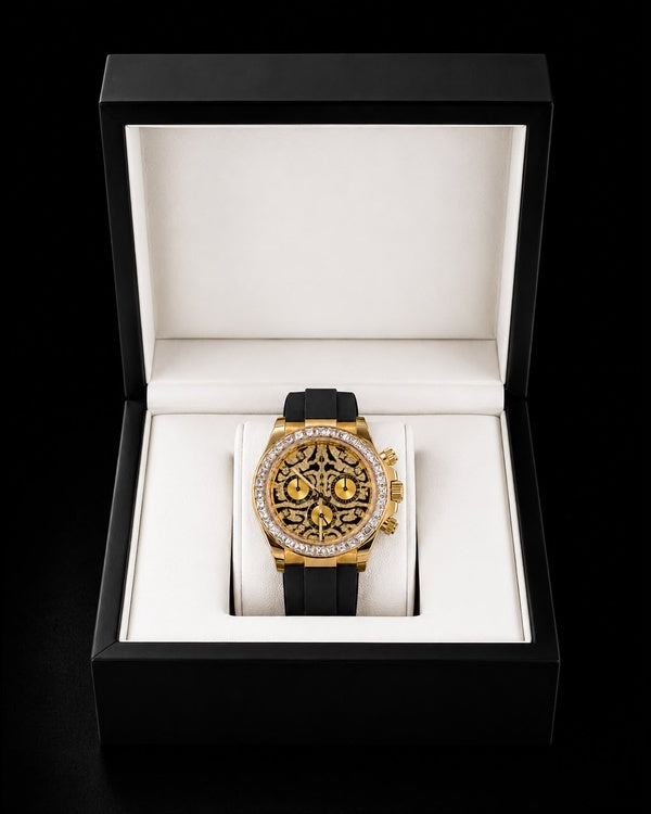 Gold & Black Skeleton Chronograph Watch | Iced Baguette Bezel