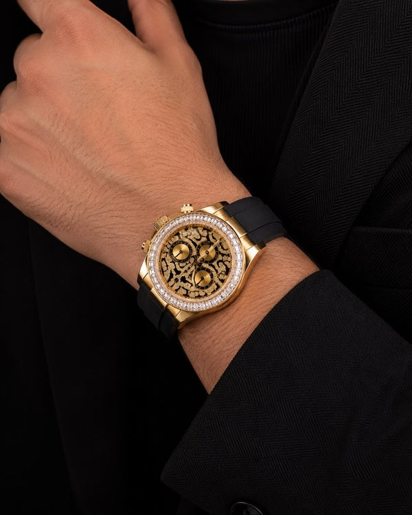 Gold & Black Skeleton Chronograph Watch | Iced Baguette Bezel