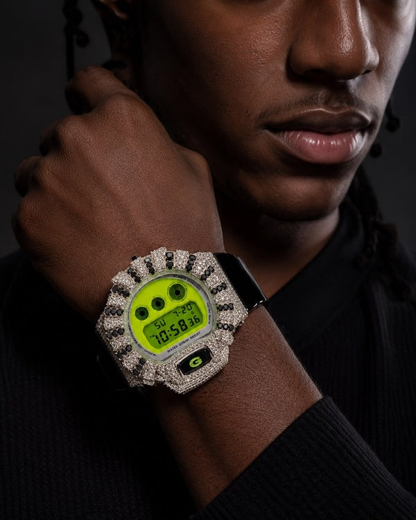 Neon Green VVS Moissanite Iced-Out Digital Watch | Black Strap