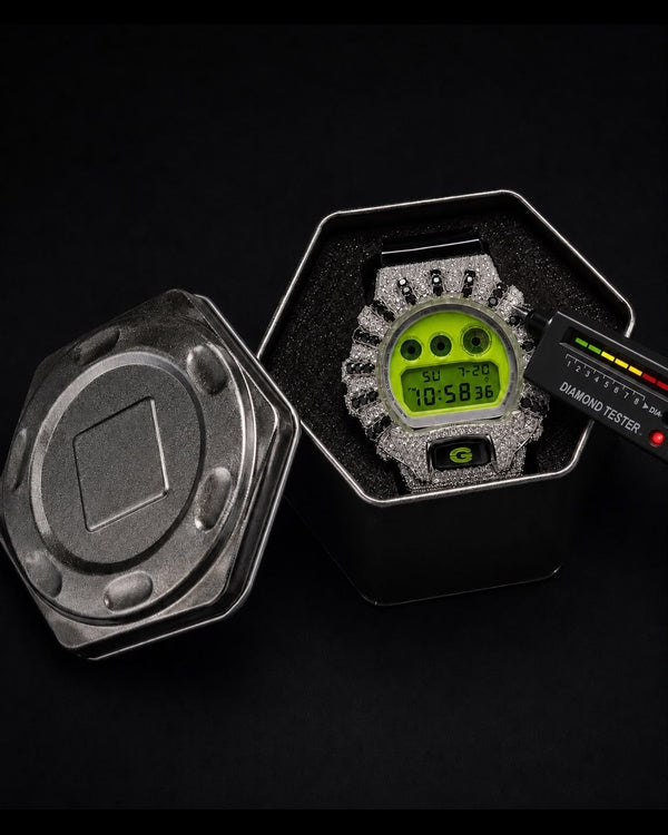 Neon Green VVS Moissanite Iced-Out Digital Watch | Black Strap