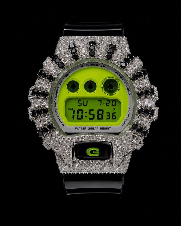 Neon Green VVS Moissanite Iced-Out Digital Watch | Black Strap