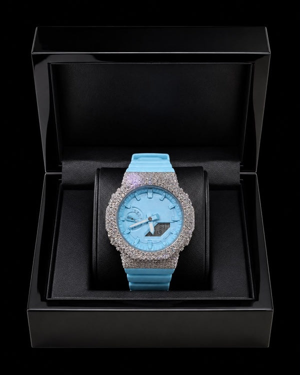 Ice Blue VVS Moissanite Digital-Analog Watch | Full Iced-Out Edition