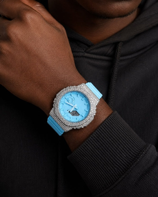 Ice Blue VVS Moissanite Digital-Analog Watch | Full Iced-Out Edition