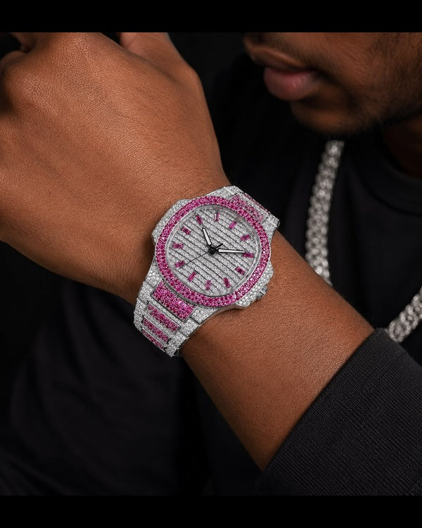 Pink Ice Iced-Out Luxury Watch | Silver-Tone Edition
