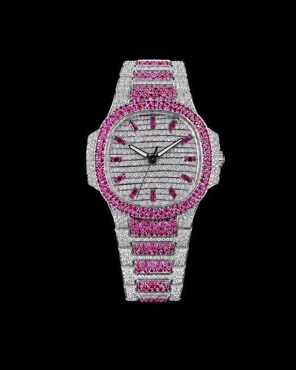 Pink Ice Iced-Out Luxury Watch | Silver-Tone Edition
