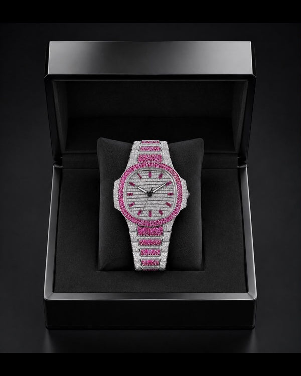 Pink Ice Iced-Out Luxury Watch | Silver-Tone Edition