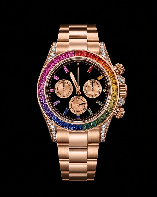 Rainbow Rose Gold Iced-Out Luxury Chronograph Watch