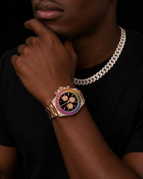 Rainbow Rose Gold Iced-Out Luxury Chronograph Watch
