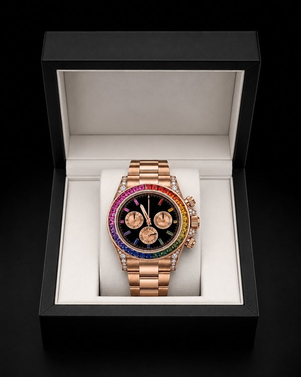 Rainbow Rose Gold Iced-Out Luxury Chronograph Watch