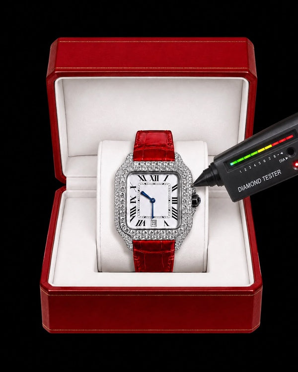 41MM Red Crocodile Strap Iced-Out Moissanite Watch