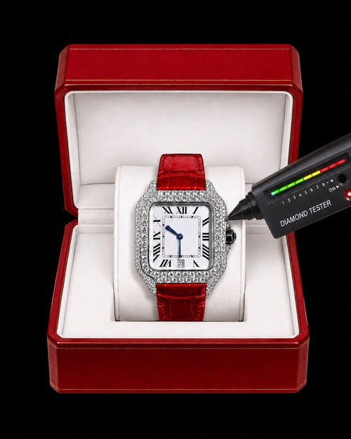 41MM Red Crocodile Strap Iced-Out Moissanite Watch