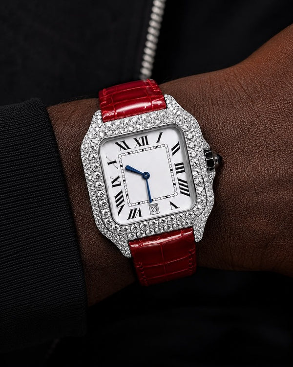 41MM Red Crocodile Strap Iced-Out Moissanite Watch