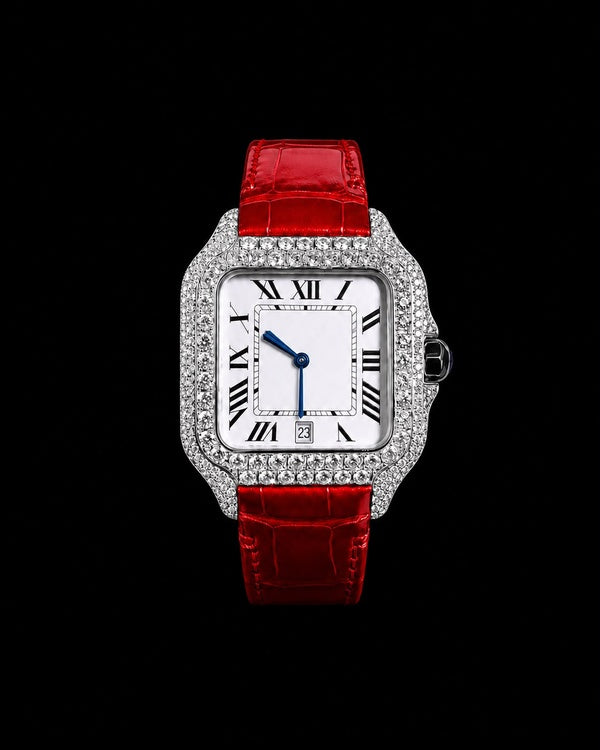 41MM Red Crocodile Strap Iced-Out Moissanite Watch